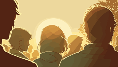 A warm sunny summer day in the late afternoon sun a background context. vector art, softly colored modern day people, small group, huddled together praying with heads bowed and holding each other's hands, facing the horizon. Make the angle wide angle with some depth of field . Wide angle with some depth of field