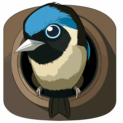 a large dale morphed into a birdhouse, apus apus perched on the lens looking down at the camera, vector image, simple, three color, blue, black, white