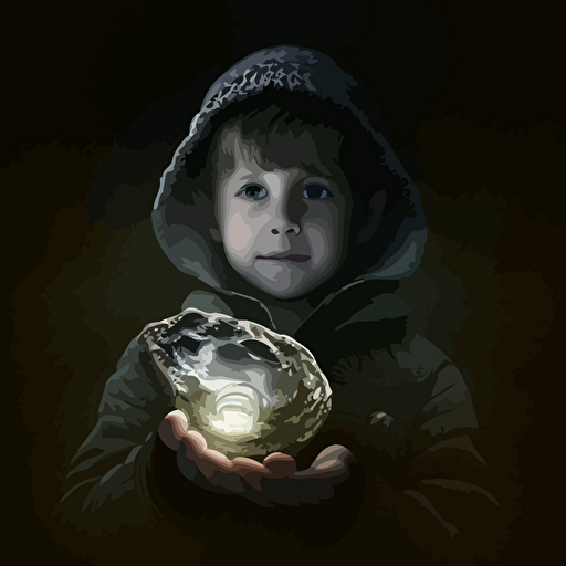 a young boy holding a beautiful oyster, but in the place of a pearl inside, there is a glowing viral vector.