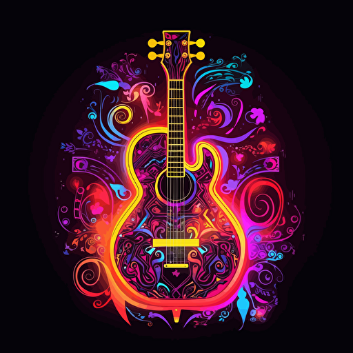 acoustic guitar, surrounded by elegant musical motifs, 2d vector, neon colours, epic composition, vector design on the edges of the image