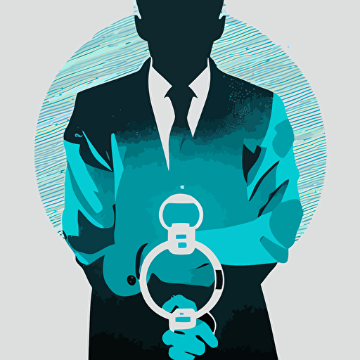 a minimalist poster of an unidentifiable man in handcuffs handcuffs, in the style of futuristic, art deco, cryptocurrency, vector, minimalist