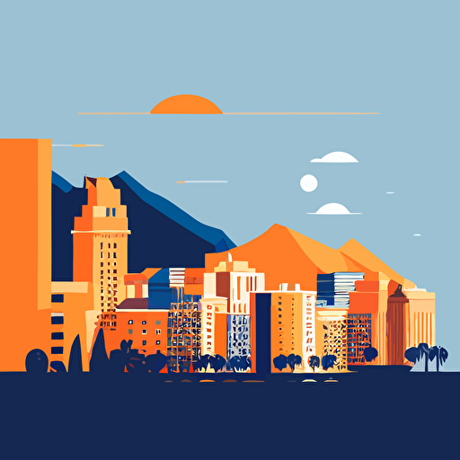 Simple vector image of the Monaco skyline, using only orange and blue colours, simple cartoon style shading, very simple, blue skies, hill, uncluttered, only 4 buildings total