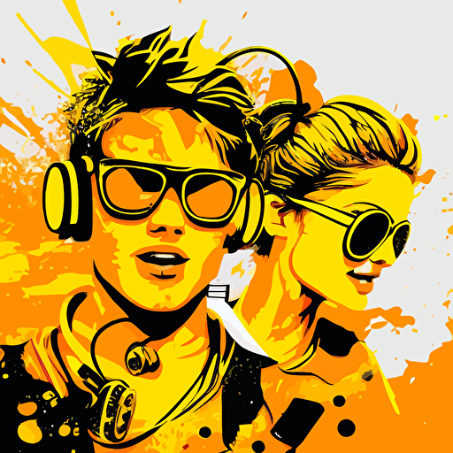 Vector popart yellow orange colours, front closeup of a male and female DJ happily singing, Goggles, musical notes flying, white background