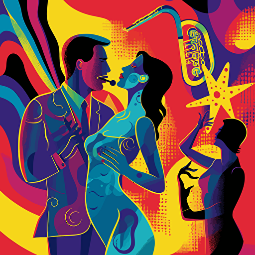 Vector illustration of a man playing the saxophone in vivid colors with a background of couple dancing