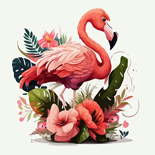 flamingo, flowers, detailed, cartoon style, 2d clipart vector, creative and imaginative, hd, white background