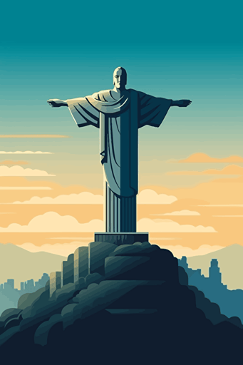 front view of Christ the redeemer, blue sky, vector design, minimalist, flat