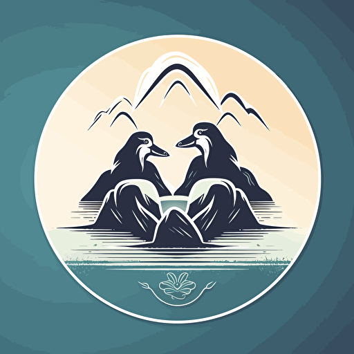 create a vector logo for a resort that has two albatross birds creating a heart with their peaks with some mountains in the background and the beach in front, use only one color and minimalist style