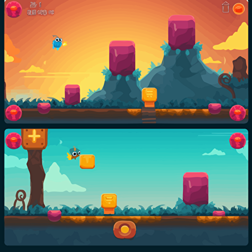 game ui for a mobile casual platformer, bright colours, cartoon style, vector style, infinite runner