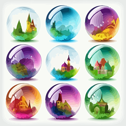 Collection of twelve transparent balls that explode completely with a small town inside. Nature is represented. Vector styling. Very colored. white background without shadow.