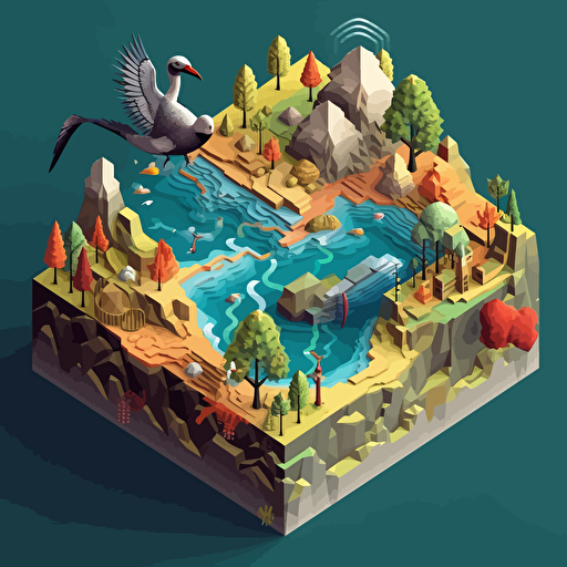 visualize interwoven data, isometric, vector shapes, nature theme, magical