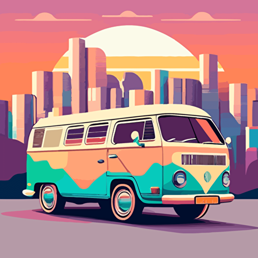 Minimalistic, Vector volkswagen bus T2 1975, Pop art deco noveau, flat 2d vector design, pastels, landscape art, city skyline with rivers and bridges and rolling hills, sunrise, volumetric, Natural color scheme, Digital art, Flat, Opaque colors, Octane render, Volumetric lighting, Clean linework, Muted color palette, Hard shadows, Kilian Eng