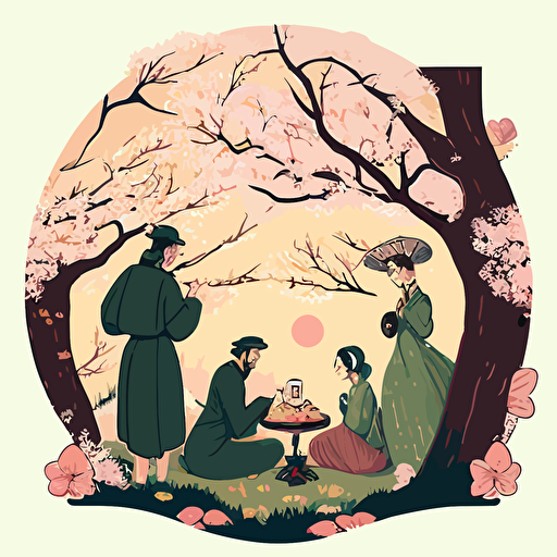 Drawing from the Japanese tradition of hanami, design a vector illustration of Satoshi Nakamoto and his friends enjoying a picnic under blooming cherry blossom trees in a picturesque park. Set the scene during a beautiful spring day.