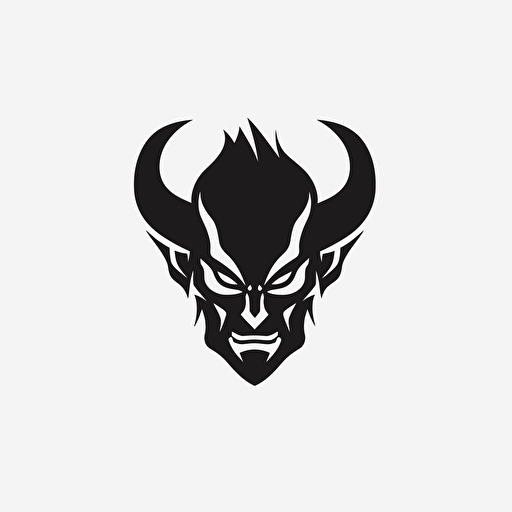 demon, looking at the camera, minimal, outline strokes only, black and white, logo, vector, white background