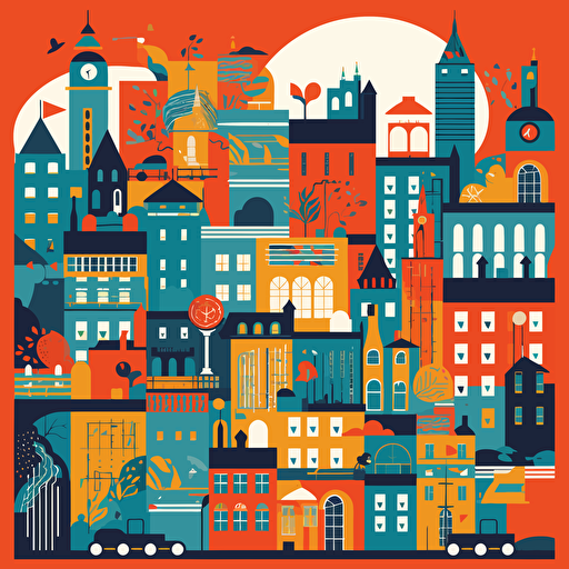 a city themed card back design that is non-directional in fun primary colours with a vector art style