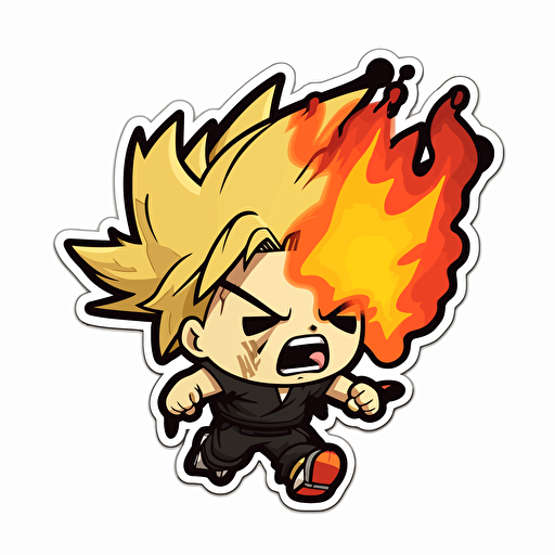 Vector illustration of a baby cloud strife from final fantasy running and screaming in the style manga, fire, bright colors, manga, minimalistic, solid white background, final fantaisy, kiss cut sticker