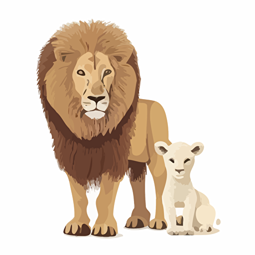 Create a drawing of a detail animation lion and lamb Flat vector art white background cut out