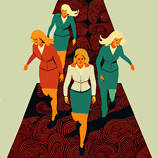 Four women in business suits climbing carpet floor, vector illustration