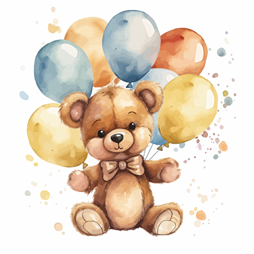 cute teddy bear wearing a bow holding many brown and gold balloons , ultradetailed watercolor, vector