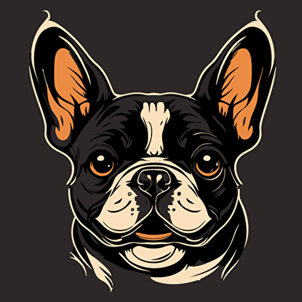 happy dark french bulldog head, cartoon eyes, cute smile, vector logo, vector art, emblem, simple, cartoon, 2d