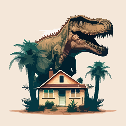 a one story house with some palm trees in the front and the top half of a t-rex coming out of the roof with a white background, cartoon vector style