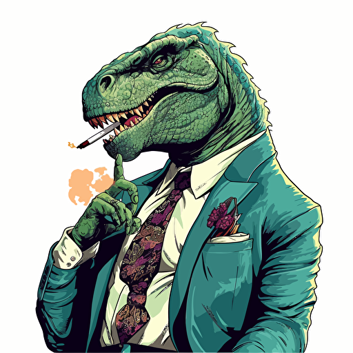 T-rex smoking a cigar wearing a business suit, big colour design, on blank white background, vector art, 2d