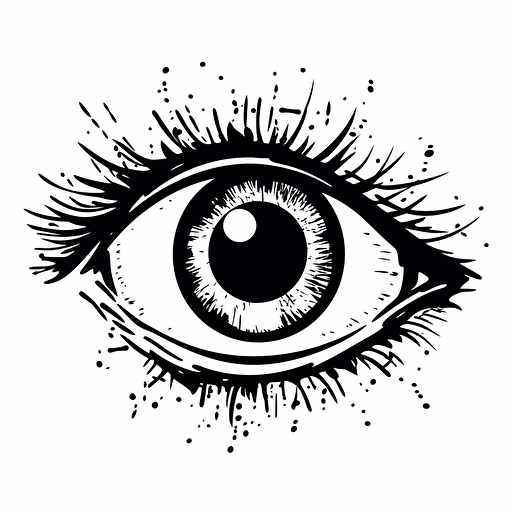 bold,abstract iconic logo of a cartoon eye with question marks around, black vector, white background