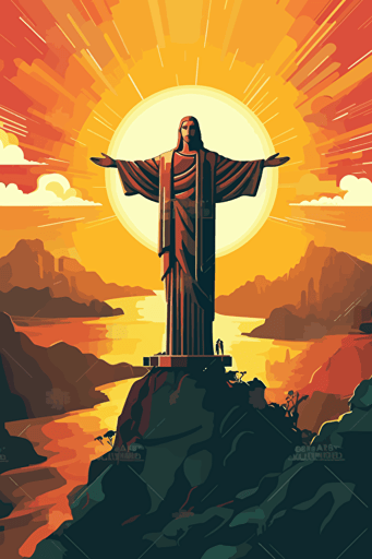 christ the redeemer, illustration, painting, bright lighting, sun in sky, front view, flat,vector