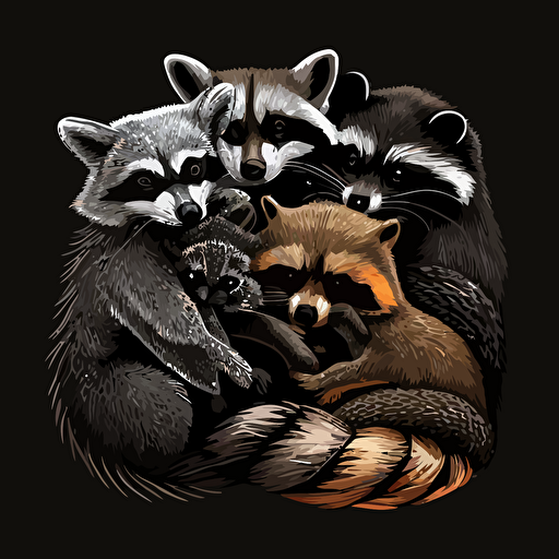 a racoon, a fox, a squirell and a possum hugging vector black background