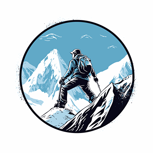 alpine climber on a snowy mountain LOGO, black to ice blue, vector white background