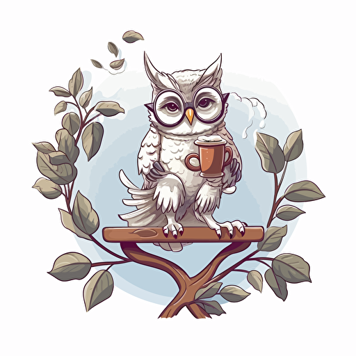 Barista style, a happy Owl reading a book, gray color and cream color owl, sitting on a branch, white background, vector illustration, illustration