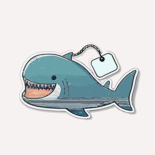 die-cut sticker, cute kawaii megalodon on a leash sticker, white background, illustration crisp minimalism, vector, oceanic tones.
