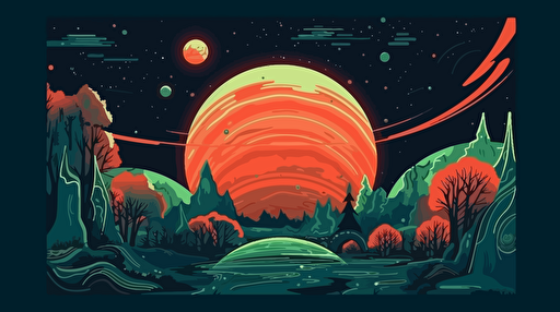 a green and orange planet in space, vivid, multiple moons, flat vector illustration