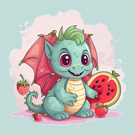cute dragon with a watermelon, cartoon, vector style