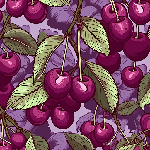 Peruvian Cherry illustration, epic composition, 2d vector, purples, seamless pattern