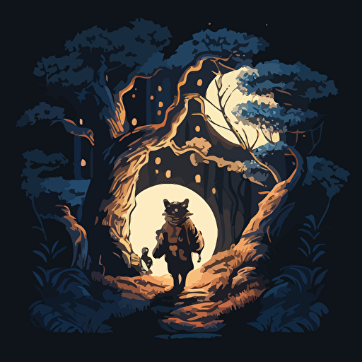Drawing from the Japanese folklore of Tanuki, design a vector illustration of Satoshi Nakamoto encountering a mischievous Tanuki while strolling through a mystical forest. Set the scene under a magical moonlit sky.