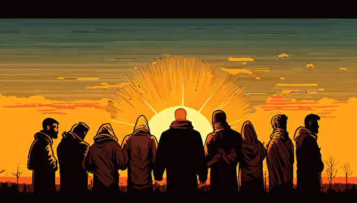 Vector Art, WIDE ANGLE shot perspective. The Sun is starting to set on a warm summer day. a SMALL GROUP of modern day Christians of all ages, who've gathered casually to pray as the sun goes down, They are attired for the summer. They are huddled together, praying with heads bowed and holding each other's hands facing the beautiful sun as it begins to set on the distant horizon. Soft, richly colored image