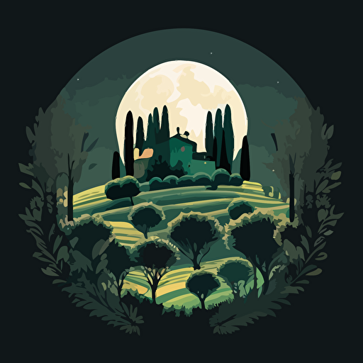 full moon shining over traditional Tuscany countryside serene garden in Gothic, Romanesque, Renaissance style vector art
