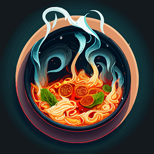 a circular vector illustration of a steaming hot bowl of spicy noodle