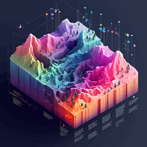 visualize two cross-sectional isometric data layers, iridescent geometric connection paths, isometric, vector shapes, nature terrain theme, magical