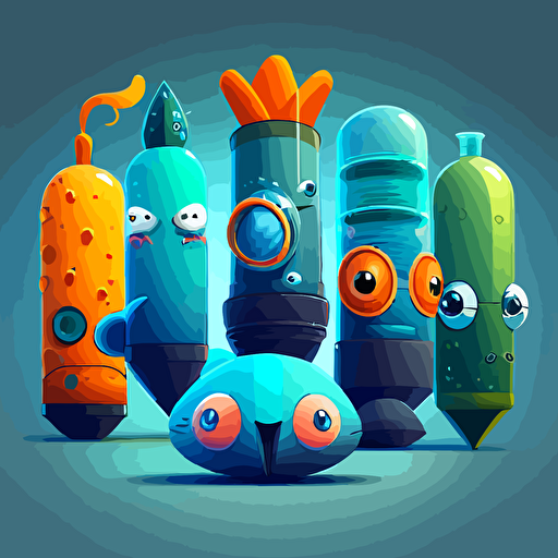 5 cartoony aquatic bazookas lined up, vector, theme is aquatic, cartoony, 2D, concept art, Pet Simulator X