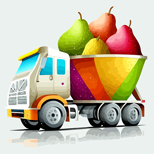 concrete mixer truck full of pears fruit, colorfull, vivid colors, white background, vector style