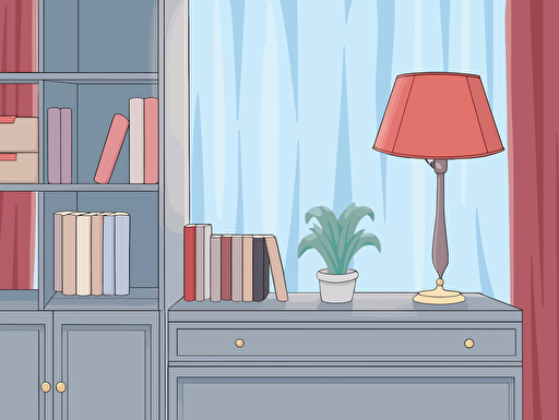 In an office with light gray carpet, white walls and blue curtains, a black lamp sits on top of a light wood-coloured desk, alongside a collection of red books on a wall cabinet,vector ,2d illustrator,