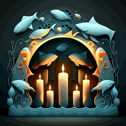 candle arch as vector, with a big tuner and 5 random fishes