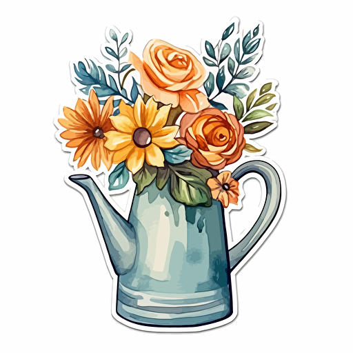 watercolor vector illustration boho clay pitcher flowers sticker white background
