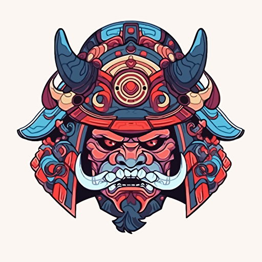 /relaxed Vector 2d creative design samurai helmet fierce style of Japanese anime art comic with great detail and incredible artistic perception of a kabuto, Alphonse Mucha detailing and style edge. circle with a white background, edge frame has amazing design detail with blue white red vivid contrast flying disc frisbee ethereal