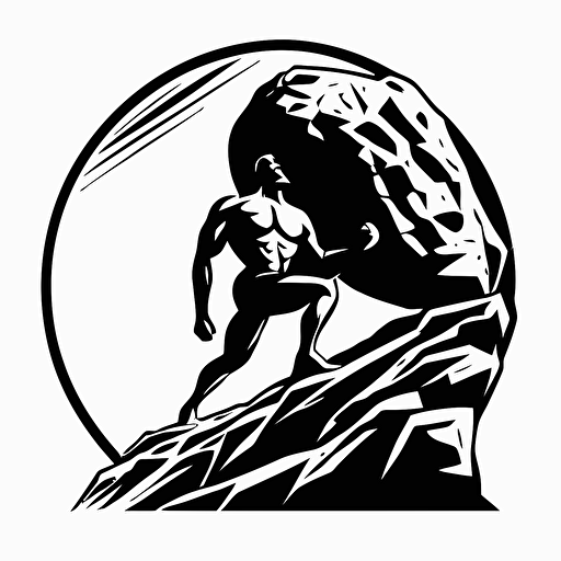 Retro, pictoral iconic logo of sisyphus pushing rock up a hill, black vector on white background