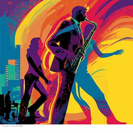 Vector illustration of a man playing the saxophone in vivid colors with a background of couple dancing