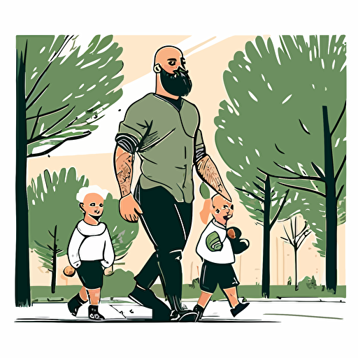 a bald bearded man walking with his two small children in a park, digital rendering, avatar image, simple clean vector