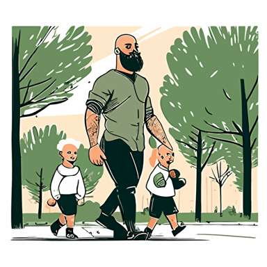 a bald bearded man walking with his two small children in a park, digital rendering, avatar image, simple clean vector