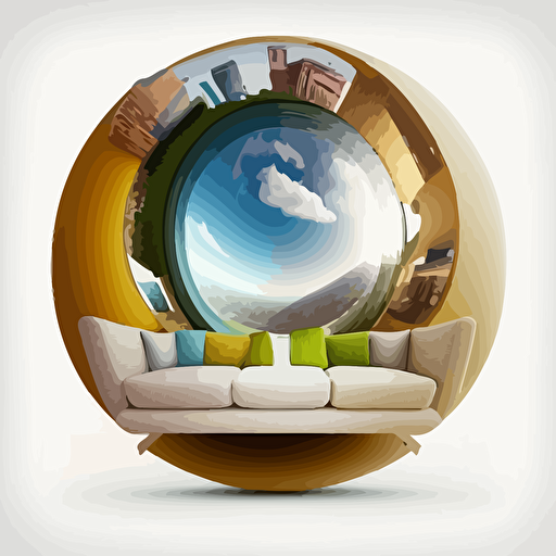 a modern sofa standing above the big world. fisheye lens effect, vectorel design, colored and white background
